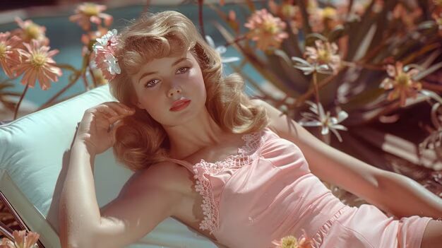 A 1950s woman in a swimsuit lies on a sun lounger by the pool
