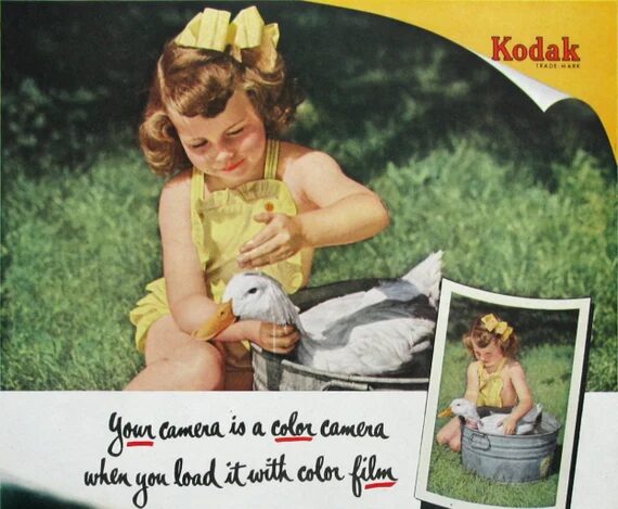 1951 Kodak Color Film Vintage Ad, 1950s Girl Playing With a Duck