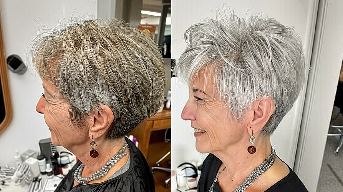 elderly woman with Short Cut with Crown Volume hairstyle