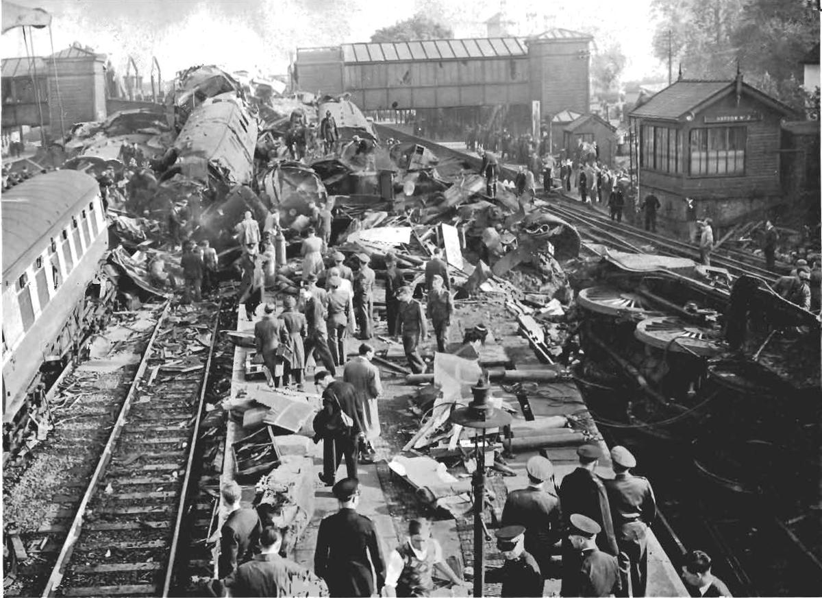 Aftermath of the 1950 Long Island Railroad collision with emergency responders on scene