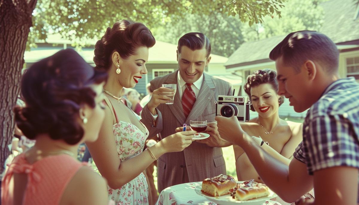 A group of people using a Polaroid camera at a 1950s backyard barbecue
