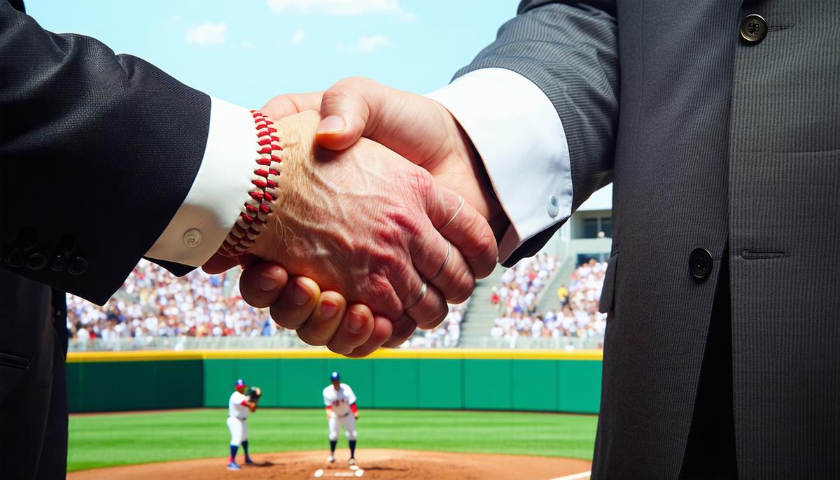 A 1950s executive shaking hands with a baseball official, representing the Gillette and Mutual Broadcasting System deal