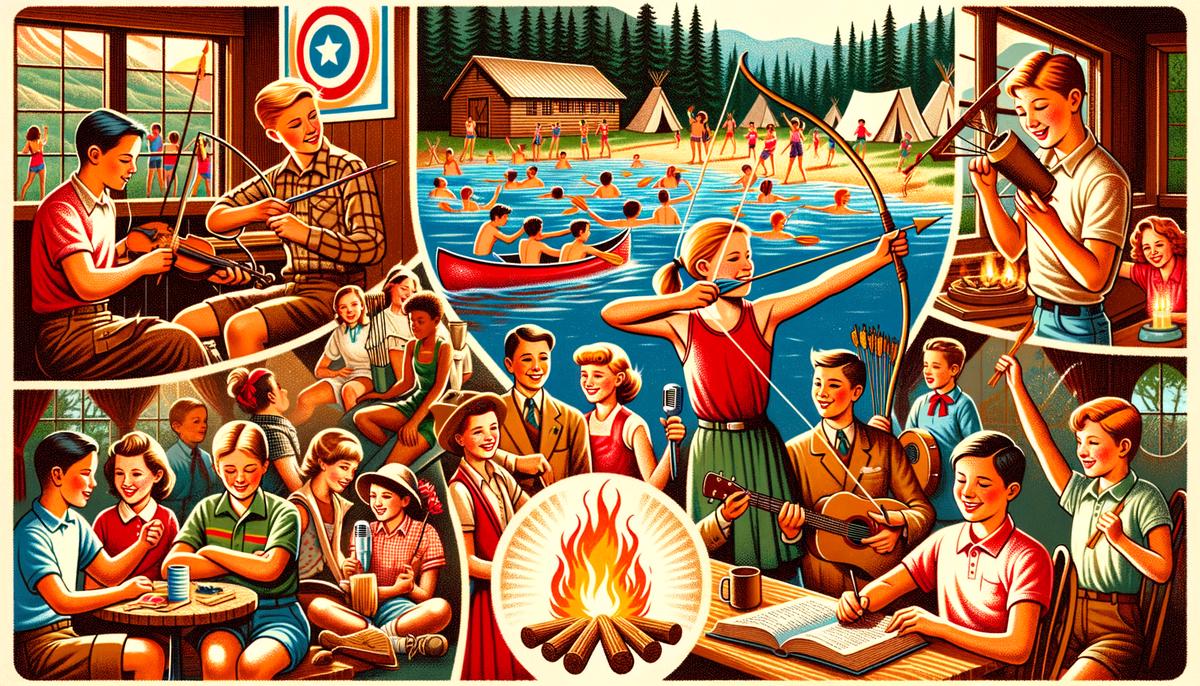 Various 1950s summer camp activities including archery, swimming, and campfire singing