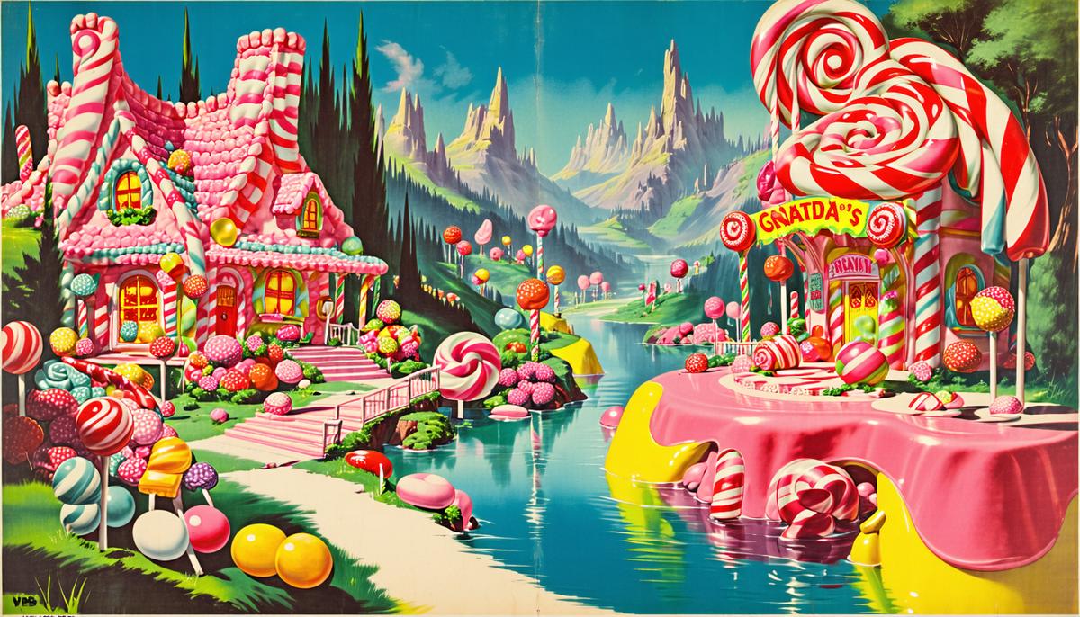 A vibrant 1950s candy advertisement depicting a fantasy candy wonderland