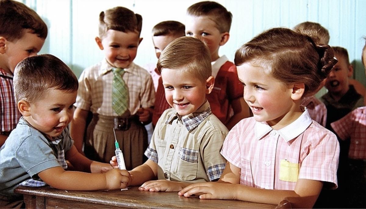 Children receiving the polio vaccine in a 1950s school setting, with a mix of emotions on their faces