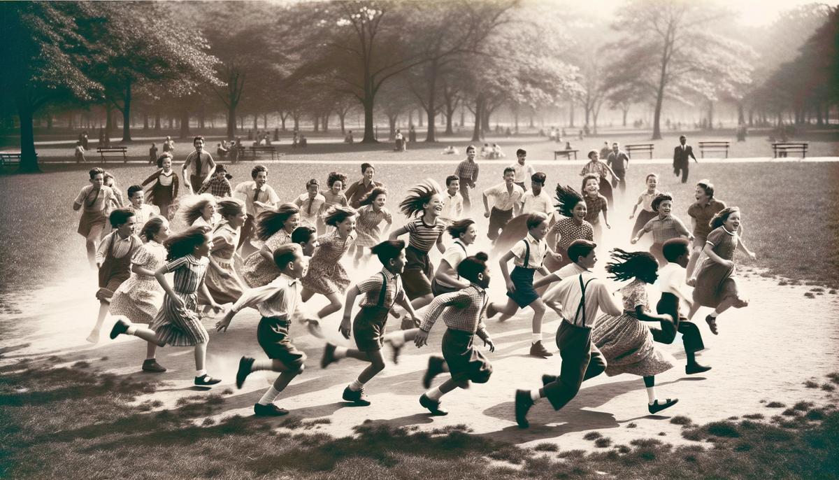 1950s children running and playing tag in a park