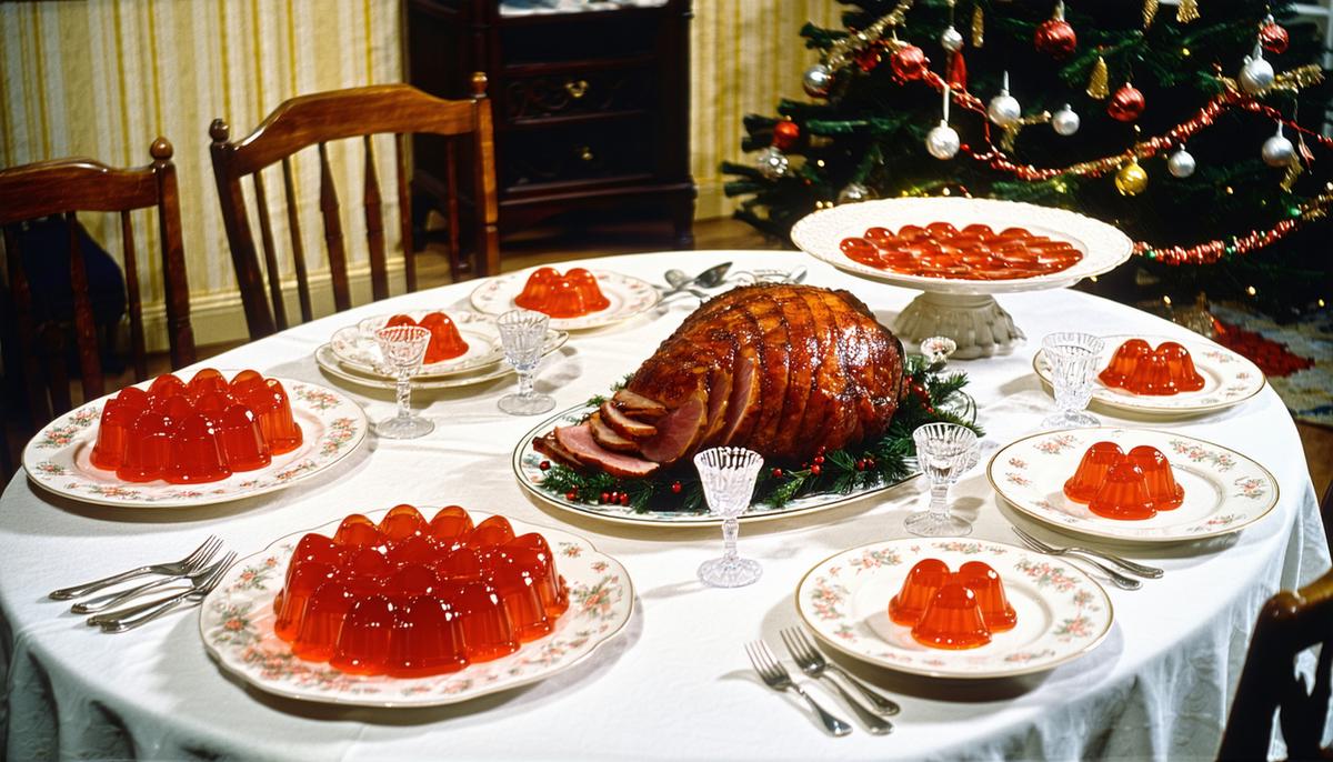 A festive 1950s Christmas dinner table with traditional dishes like glazed ham and Jell-O molds