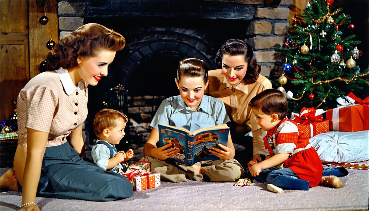 A 1950s family gathered around the fireplace on Christmas Eve for a bedtime story