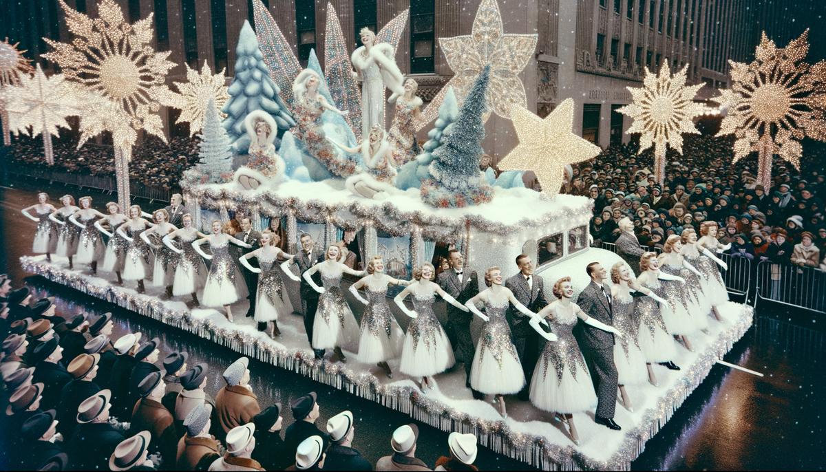A festive 1950s Christmas parade float with a winter wonderland theme and costumed performers