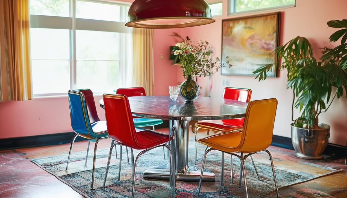 A 1950s dining area featuring a chrome table with colorful vinyl chairs