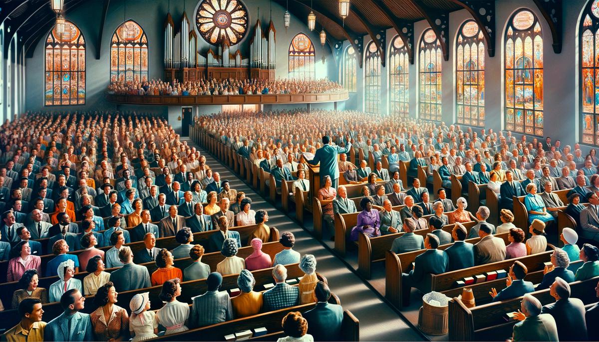 A crowded 1950s church during Sunday service with families in their best attire