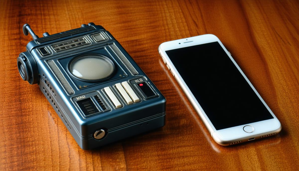A 1950s sci-fi communicator next to a modern smartphone
