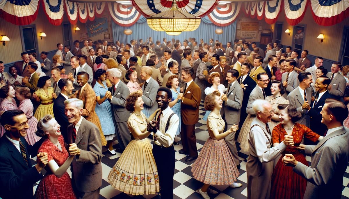 A diverse group of people enjoying a community dance event in the 1950s