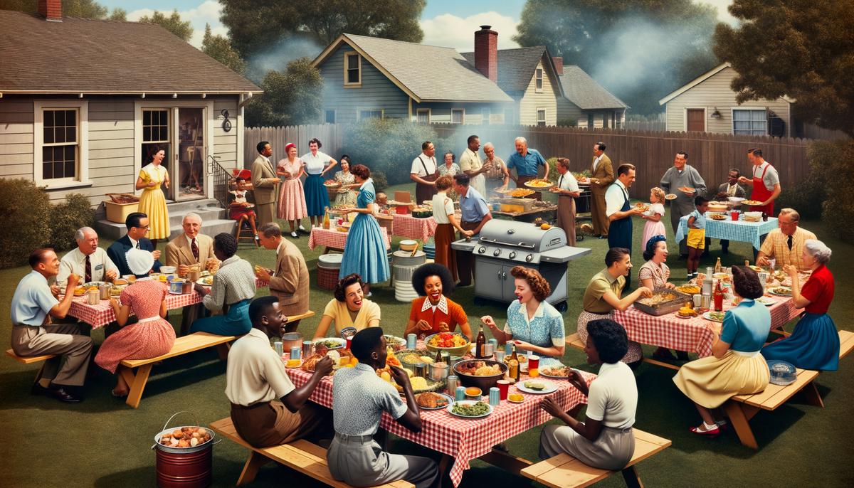 A 1950s community potluck gathering with families sharing food and conversation