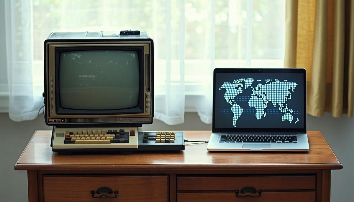 A 1950s room-sized computer transitioning to a modern laptop with internet