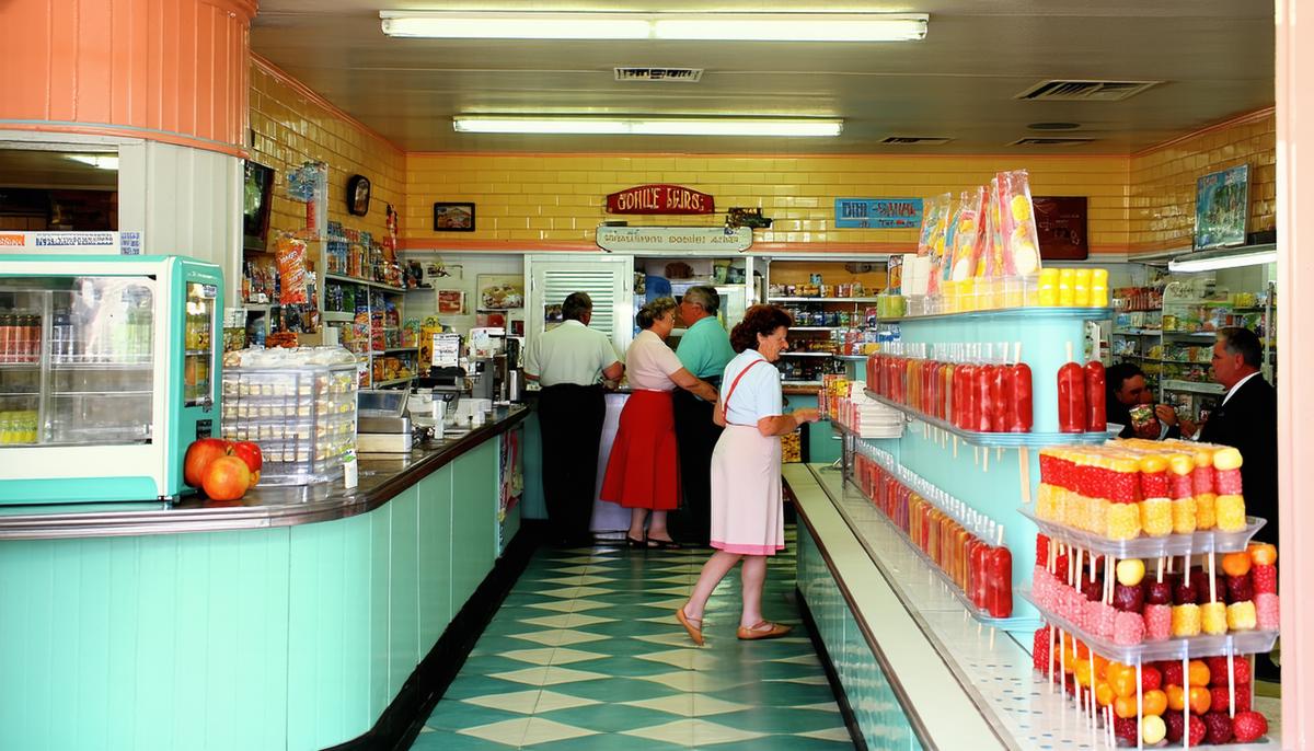 The interior of a busy 1950s corner store with customers and a popsicle case