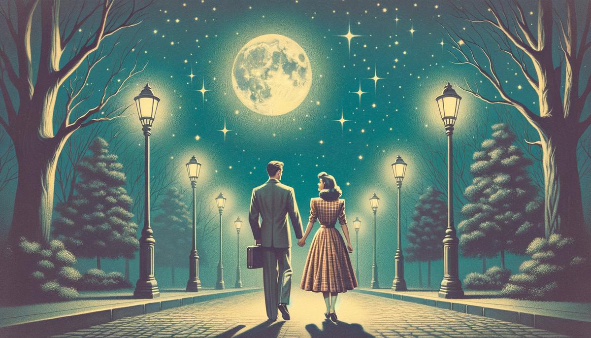 A young couple taking a romantic moonlit stroll in the 1950s