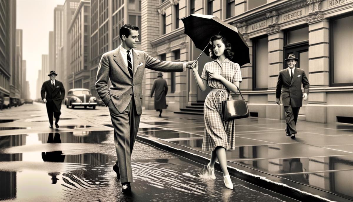 A 1950s man walking on the curbside to protect his date from puddles