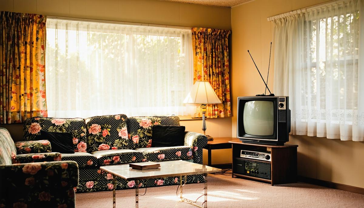 A 1950s living room with a floral couch, black and white TV, and warm lamp lighting