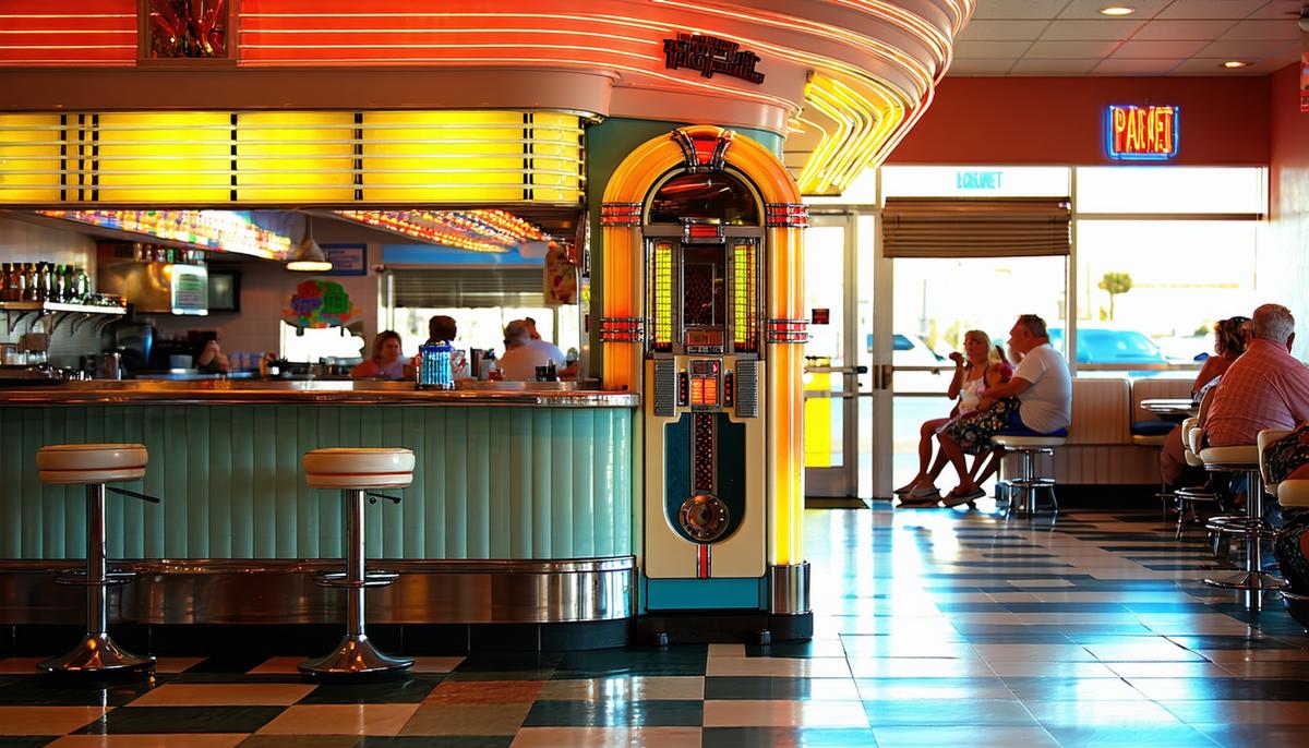 A 1950s diner interior with a prominent jukebox and patrons