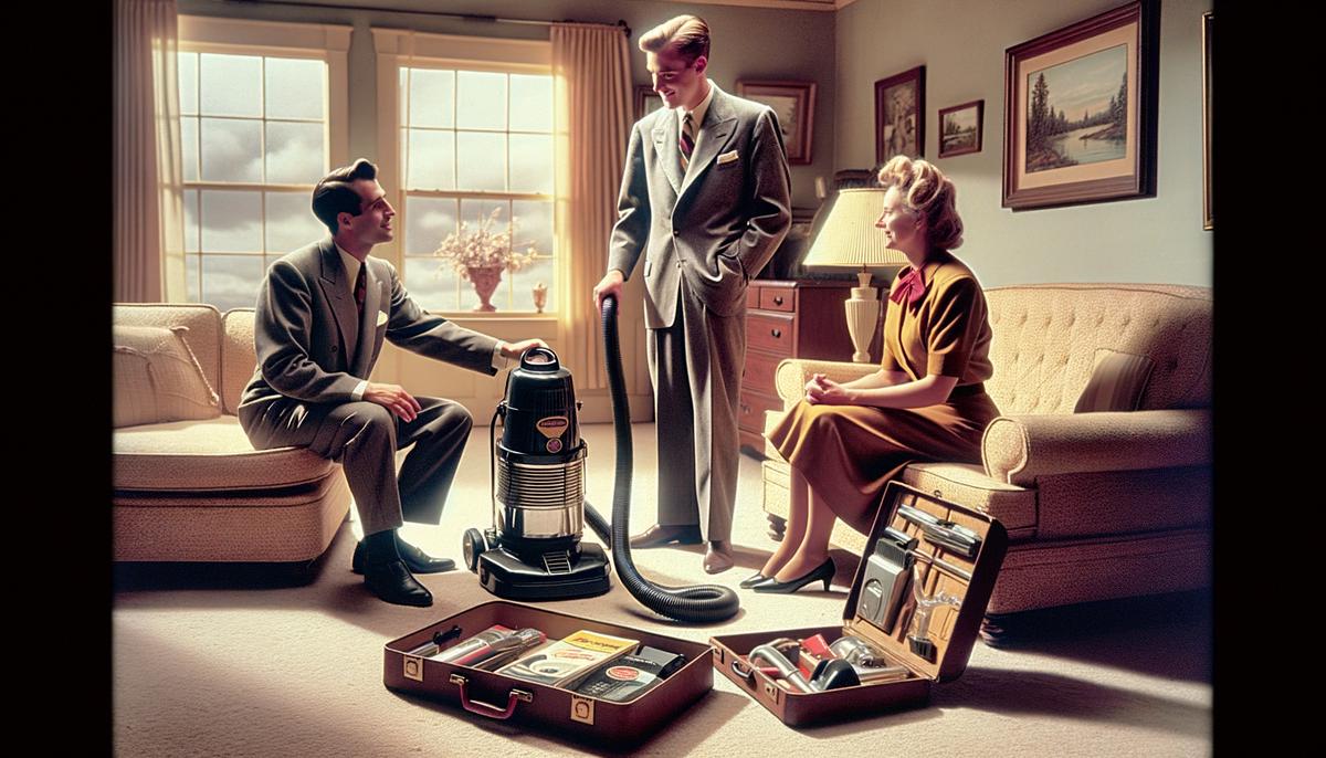 A 1950s door-to-door salesman demonstrating a product in a living room