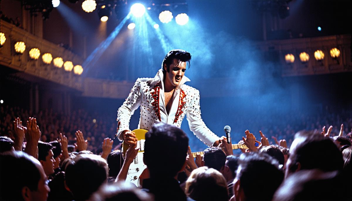 Elvis Presley performing on stage in the 1950s, electrifying the audience