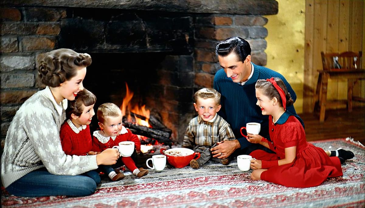 A 1950s family gathered around a fireplace with hot cocoa after a day of sledding
