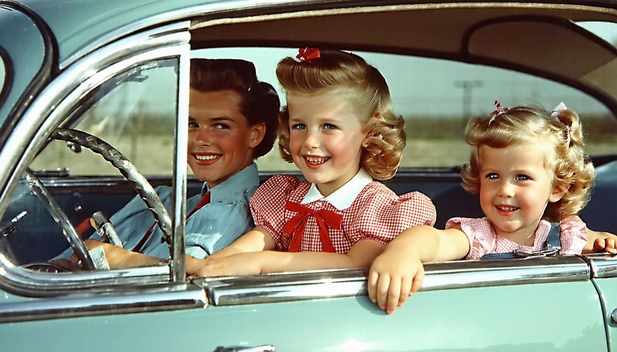 A 1950s family enjoying a car ride without seatbelts
