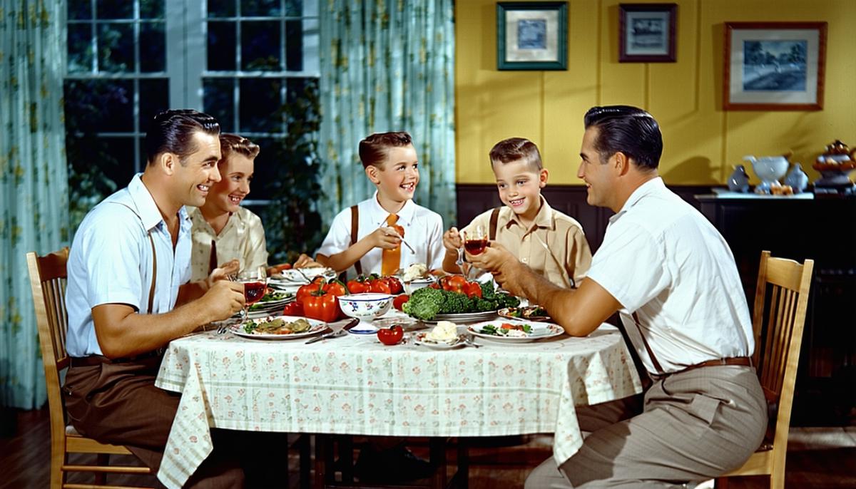 A 1950s family enjoying dinner together, with the father and son still in slightly oil-stained clothes from their earlier car maintenance
