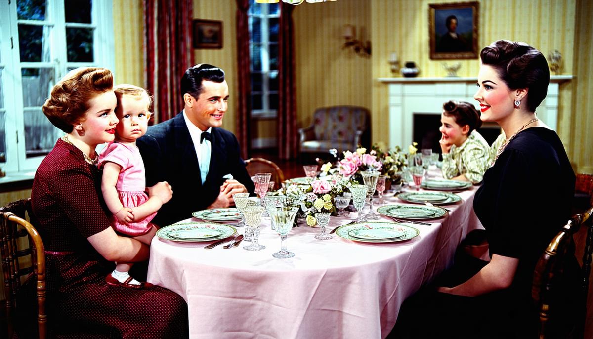 A 1950s family dressed elegantly for a casual dinner at home
