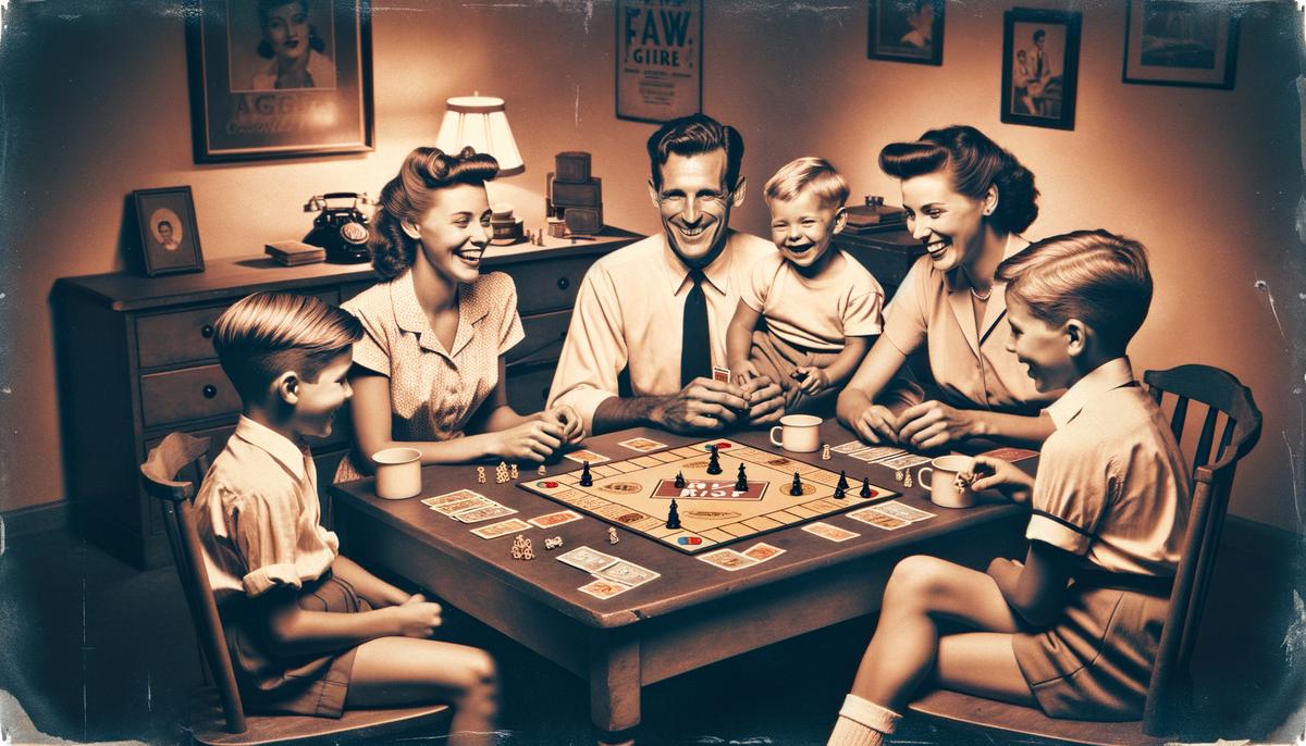 A 1950s family gathered around a table playing the board game Risk