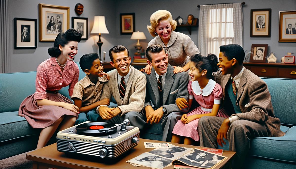 A 1950s family gathered around their RCA Victor 45 record player in the living room, enjoying music together