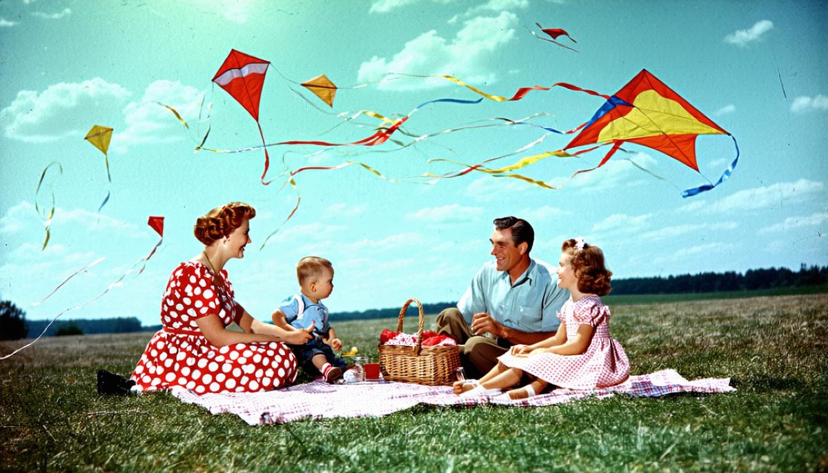A 1950s family enjoying a picnic with kites flying overhead