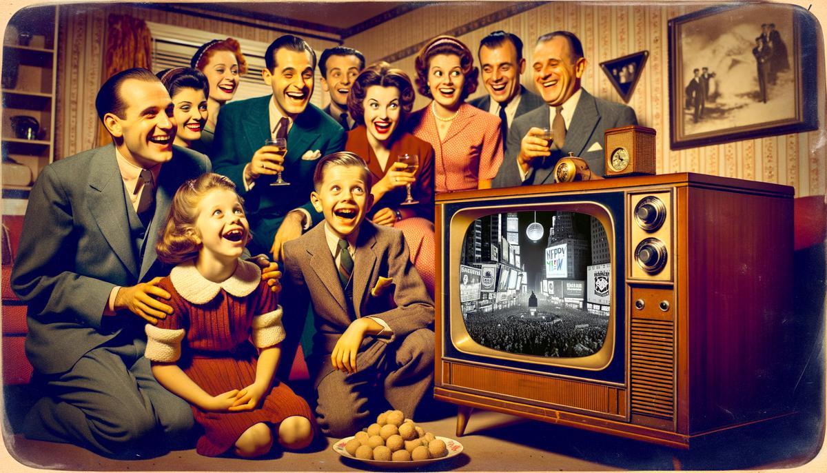 1950s family gathered around television watching New Year's Eve ball drop