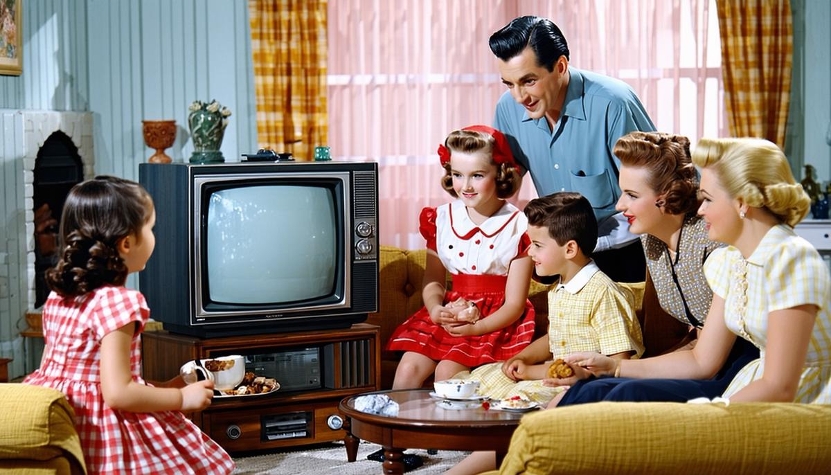 A 1950s family gathered around their television set in the living room