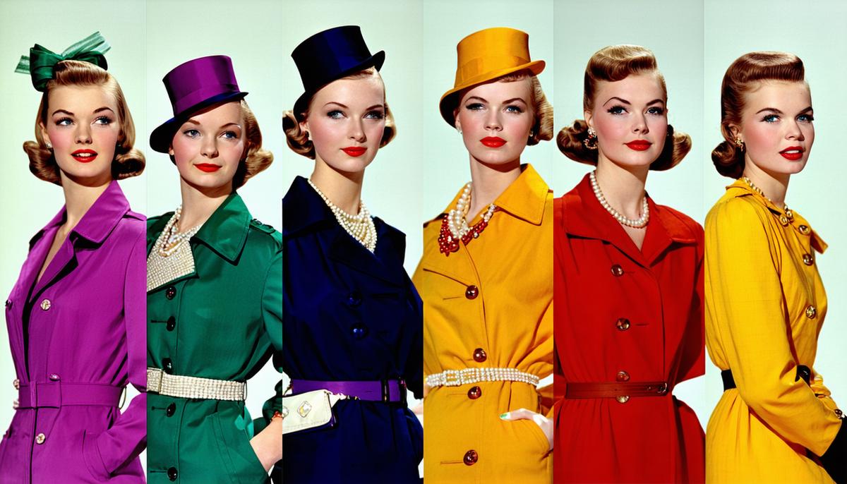 1950s fashion models wearing colorful and dramatic outfits