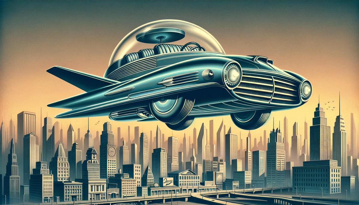 A sleek, retro-futuristic flying car concept from the 1950s