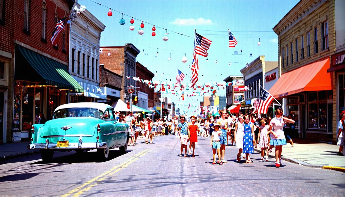 A vibrant 1950s Main Street scene on the Fourth of July, with families and decorations