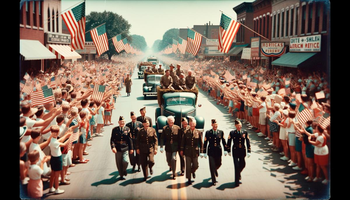 Colorful parade floats and marching veterans in a 1950s Fourth of July parade