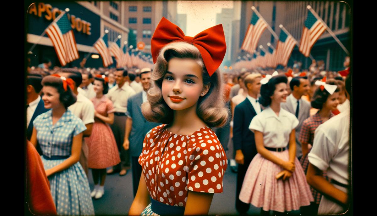 A young girl in a polka-dot skirt standing in a 1950s Fourth of July parade crowd