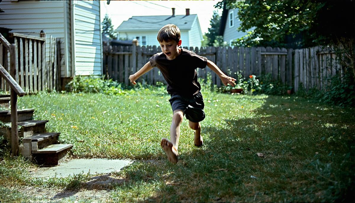 A boy narrowly escaping being caught during a game of hide and seek in a 1950s backyard