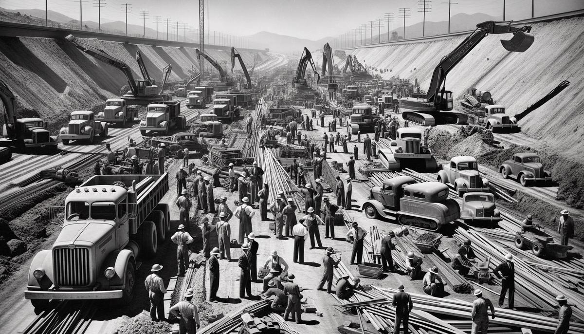 1950s highway construction site with workers and machinery