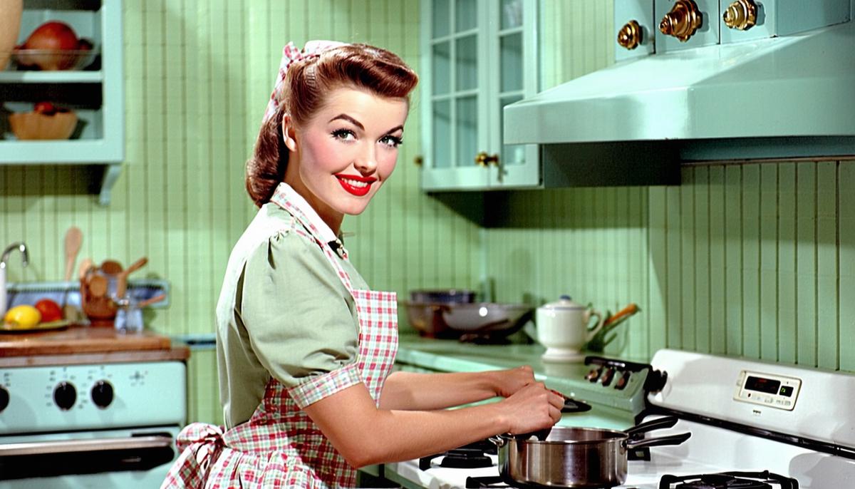 A 1950s housewife in an apron cooking in a vintage kitchen