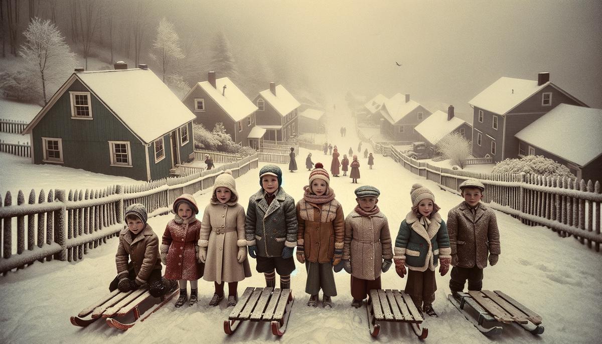 A group of children in 1950s winter clothing standing at the top of a snowy hill with sleds