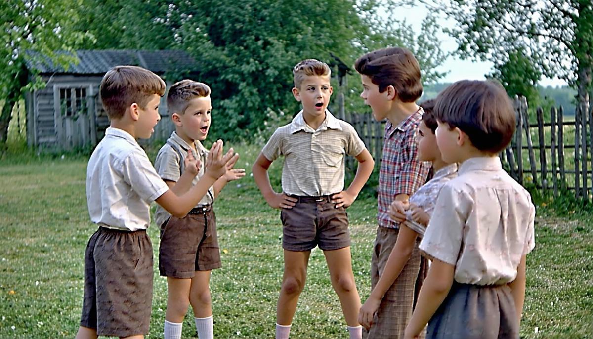 A group of 1950s children arguing over who will be 'It' for a game of tag