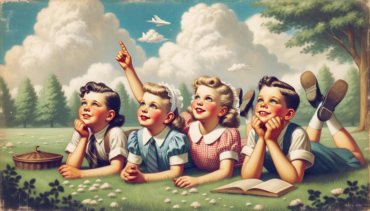Four white children lying on grass, looking up at clouds in a 1950s park