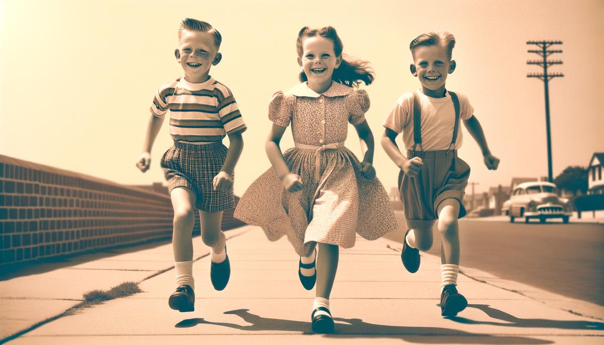 Three children in 1950s attire racing down a sidewalk on a summer day