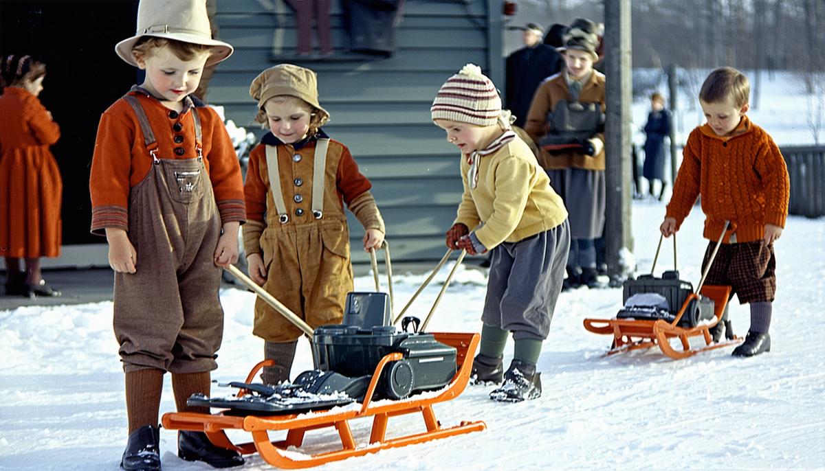 Children putting on winter gear and preparing sleds in a 1950s setting
