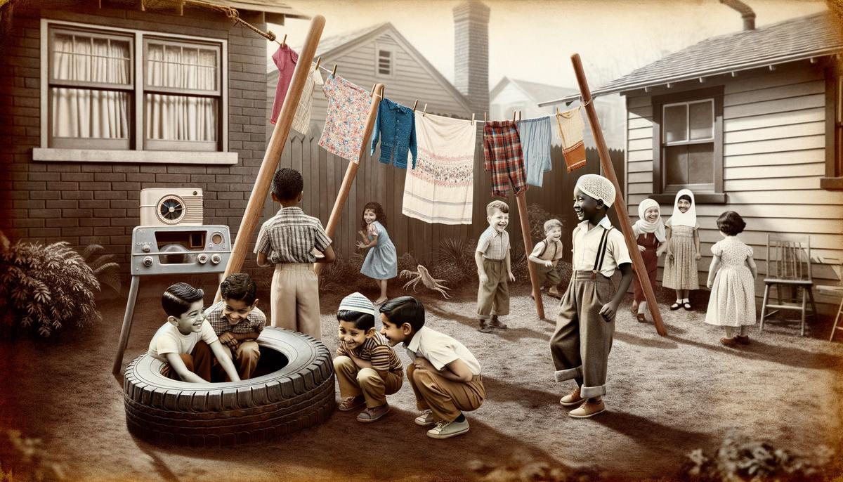 Children hiding in various spots during a game of hide and seek in a 1950s backyard