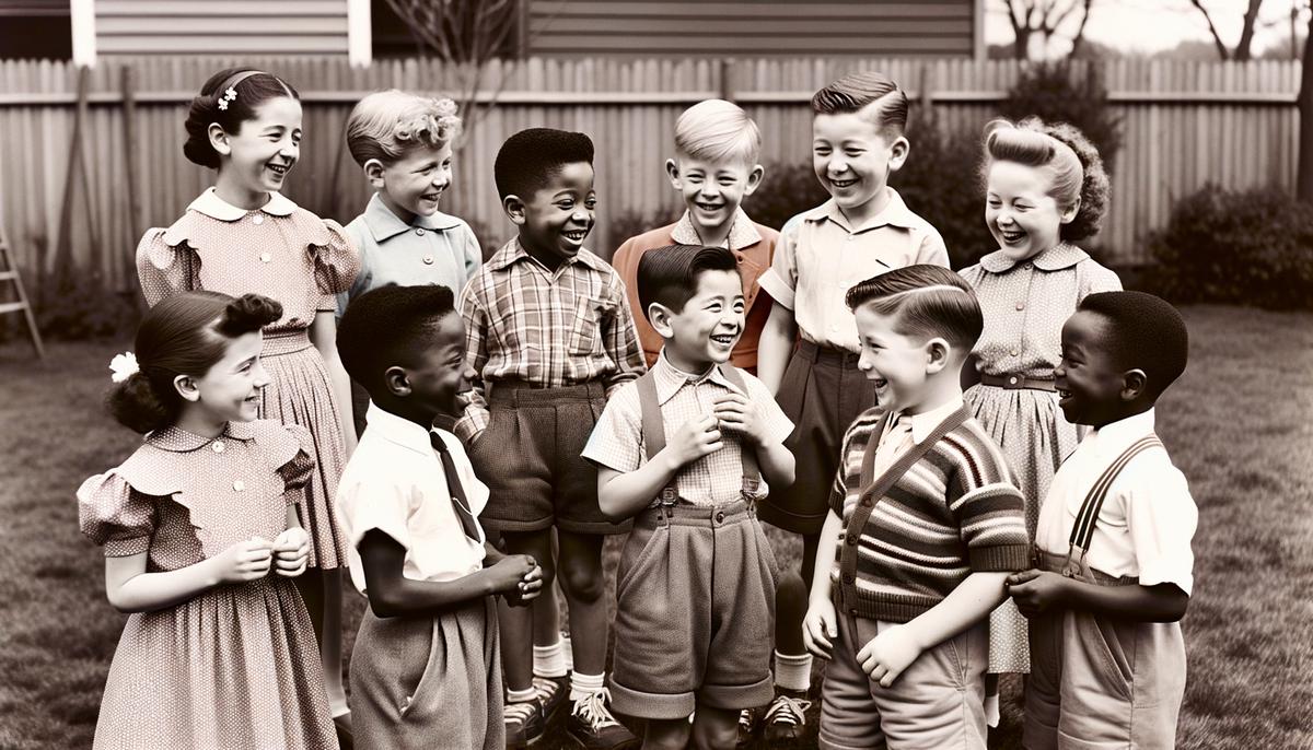Three new children joining a group of kids in a 1950s backyard, all smiling and interacting